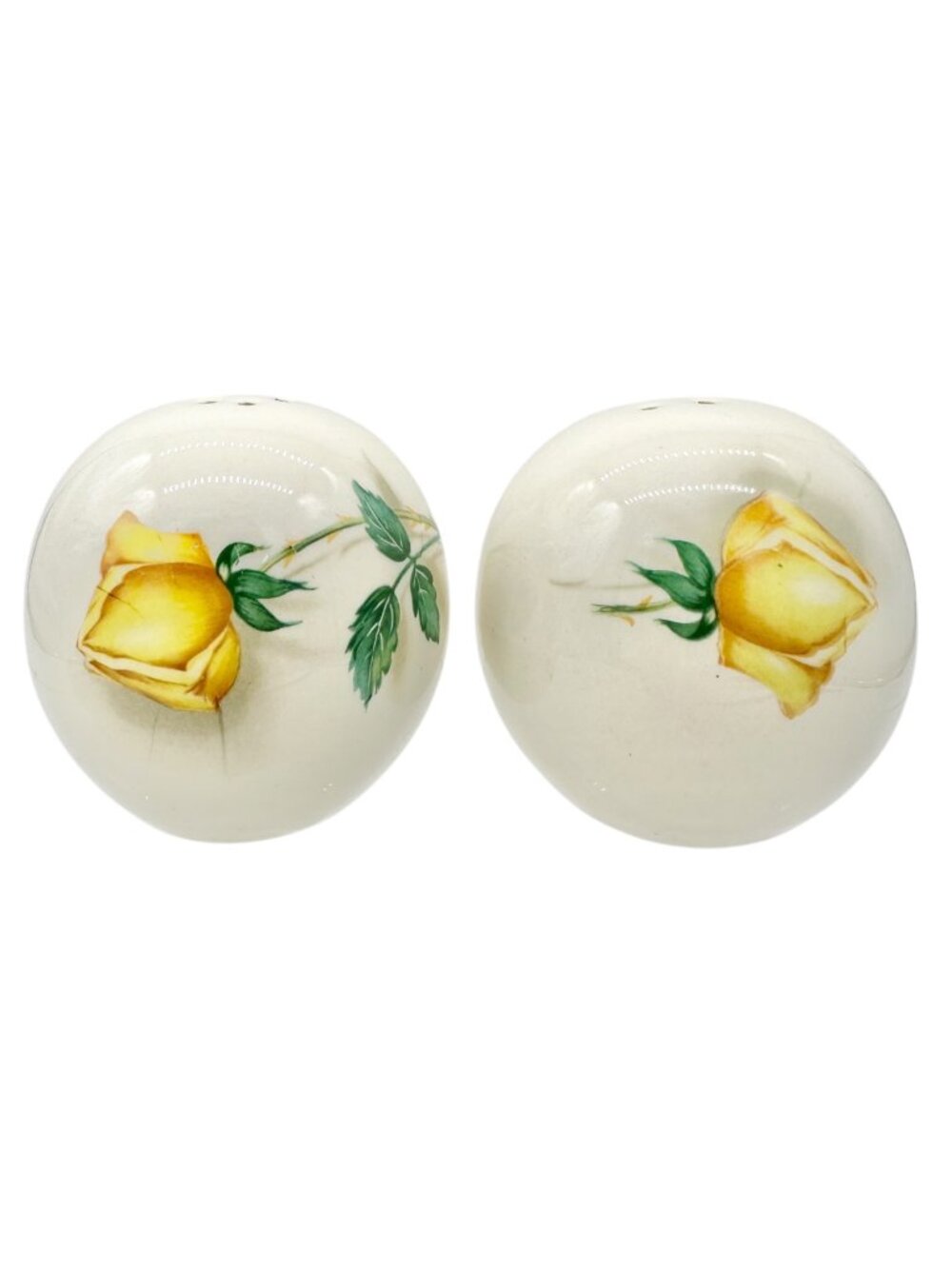 Vtg Ceramic Salt and Pepper Shakers White With Yellow Rose Design Kitchen Decor